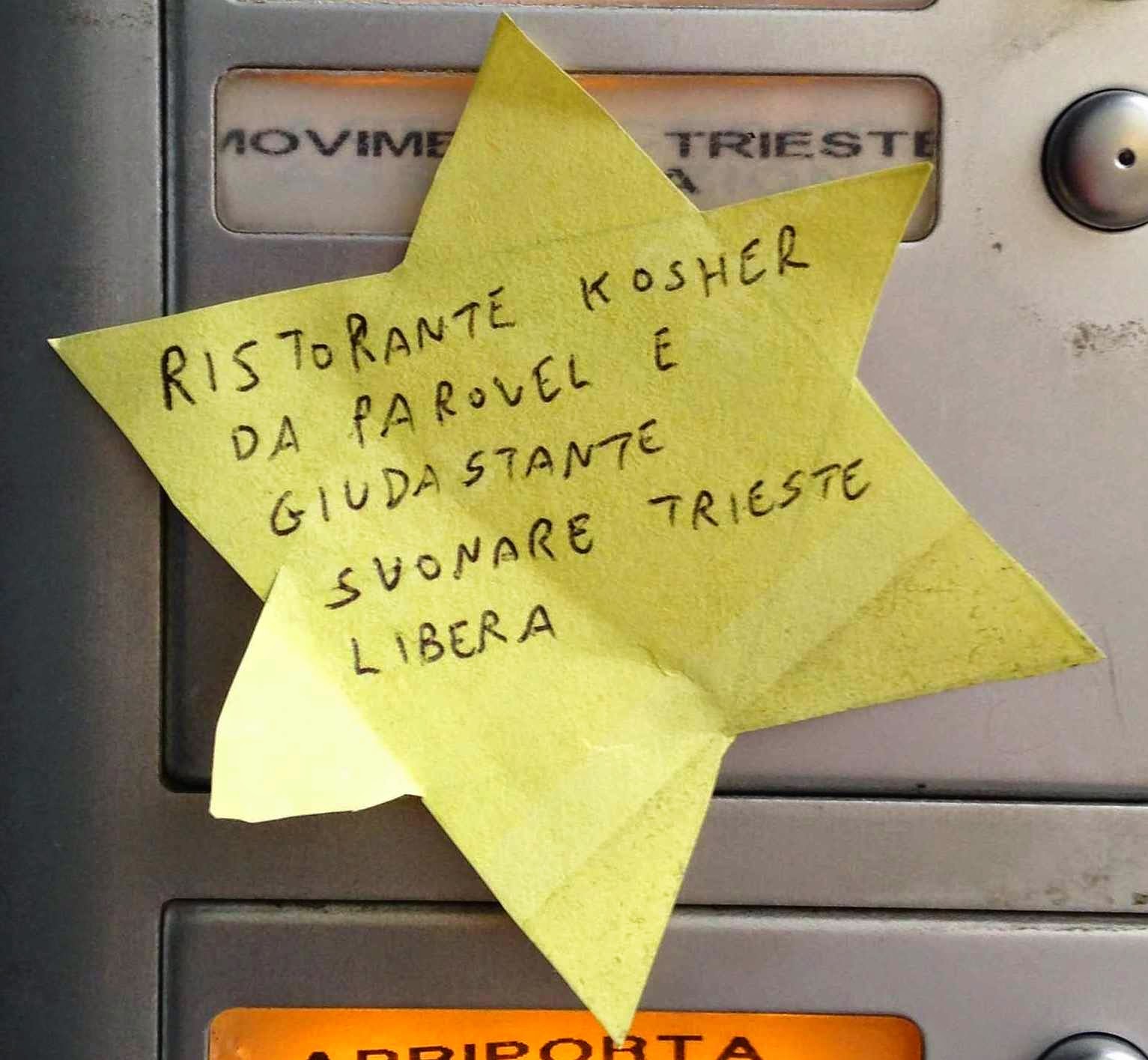 15.11.2014: qualcuno ha incollato al campanello della sede di Trieste Libera una stella gialla a sei punte, come quelle che i nazisti imponevano agli ebrei.