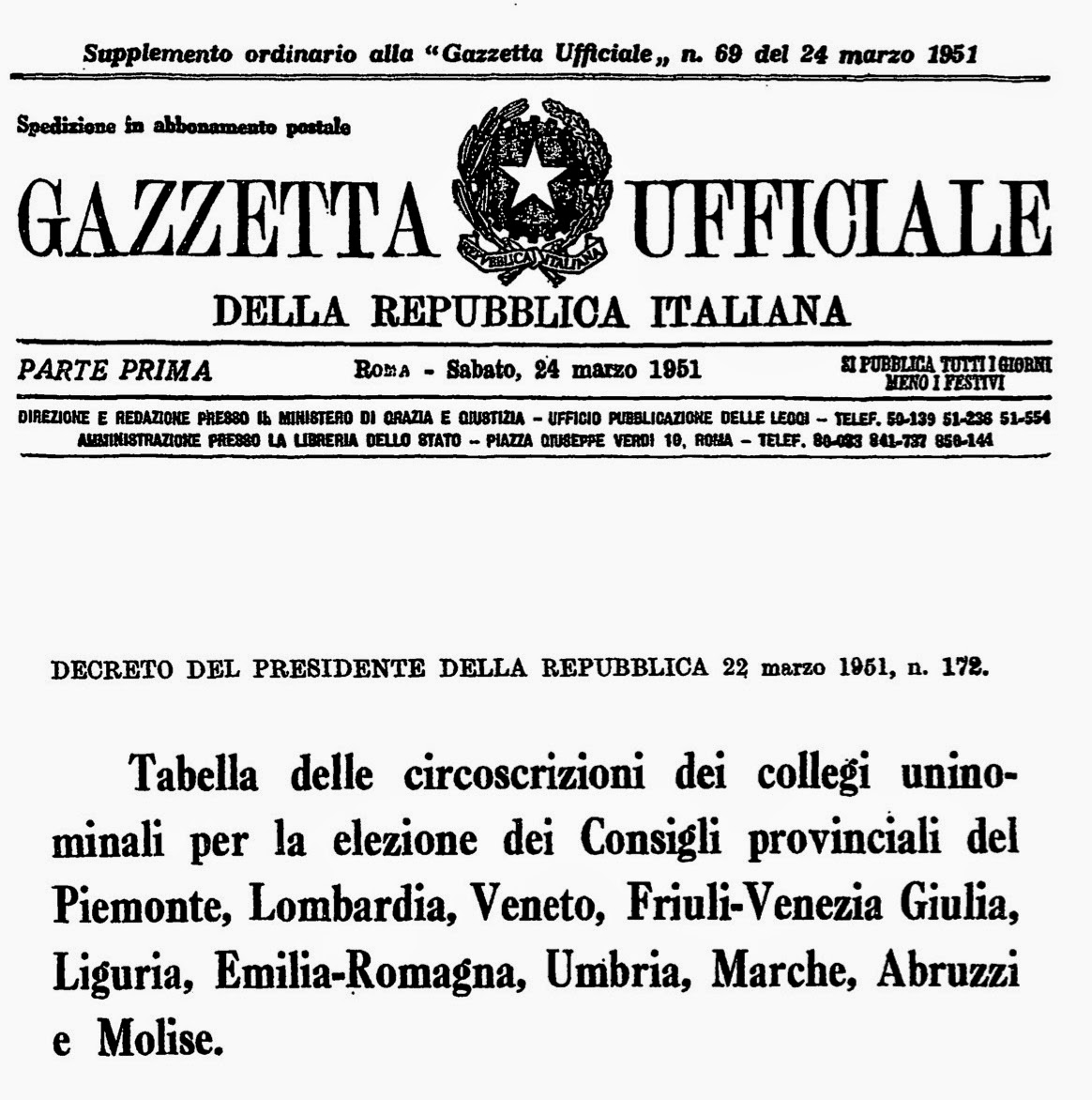 Frontespizio della Gazzetta Ufficiale n.69 del 24-03-1951 - Suppl. Ordinario