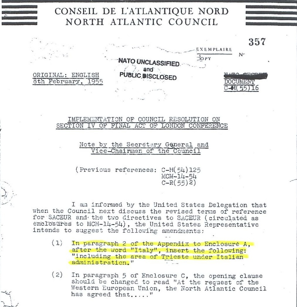 Documento desecretato dalla NATO del febbraio 1955 che prevede l'inclusione dell'area di Trieste sotto amministrazione italiana nell'area difesa dell'Alleanza Atlantica.