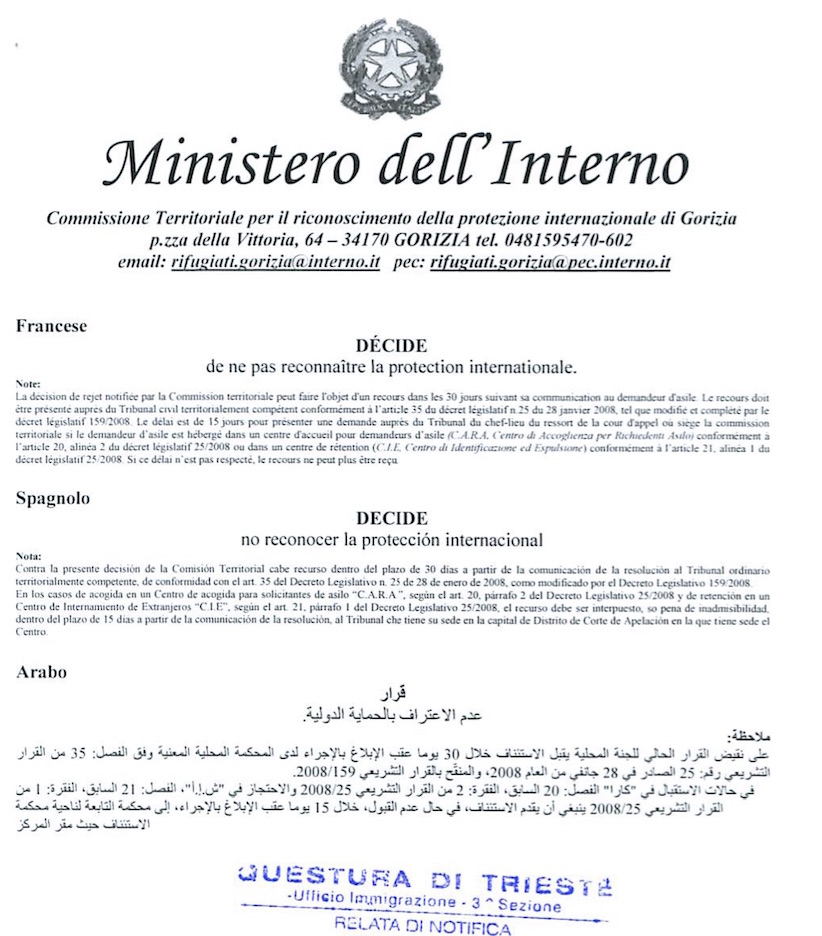 Atto con cui il Ministero dell'Interno italiano rifiuta l'asilo politico ad OLEKSIEY B.