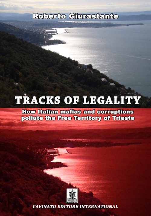 [Draft] cover of book "Tracks of Legality" by Roberto Giurastante. The cover is made of two photos of the Northern Free Port of Trieste. The one above is natural-looking, the underlying one is infrared.