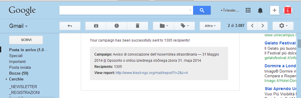 Screenshot che dimostra l'uso della Triest NGO per inviare la convocazione alla falsa assemblea del 31 maggio 2014, convocata dagli ex dirigenti espulsi.