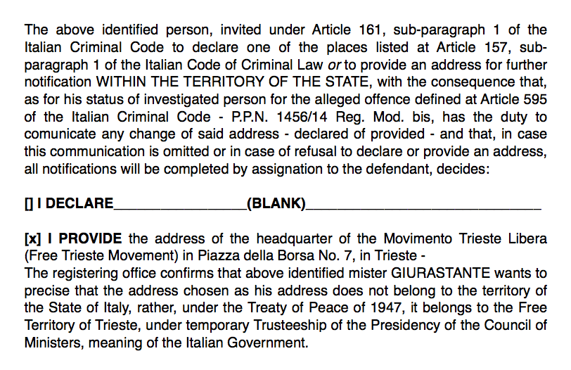 Abstract from the interrogatory minutes. This is where Roberto Giurastante formally and officially denies Italian sovereignty over Trieste under the 1947 Treaty of Peace with Italy.