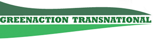 Logo of Greenaction Transnational (A green writing within two waves, each in a different shade of green).