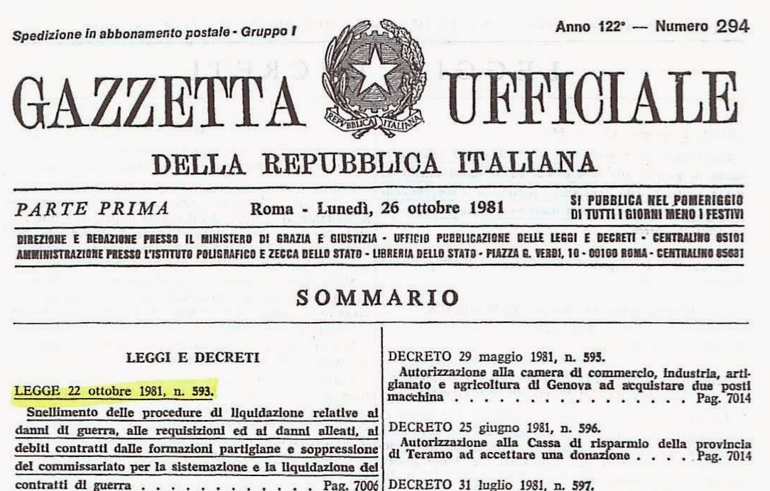 Image: a "Gazzetta Ufficiale" the record of Italian laws. Law 593 of October 22nd, 1981 is mentioned in the following article as it is relevant for the question of the Free Territory of Trieste.