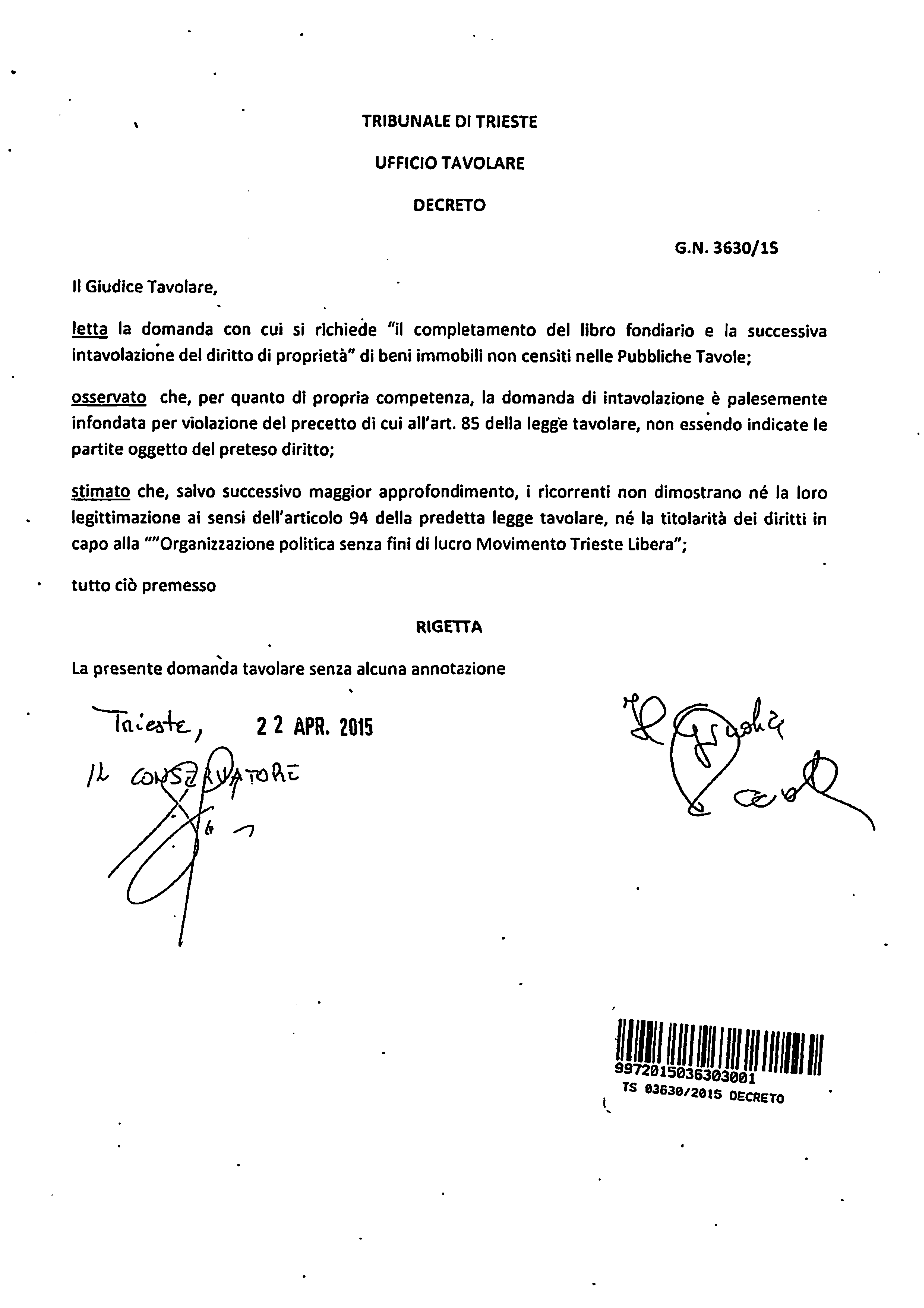 Northern Free Port: the Land Registry Judge denies the registration, but Free Trieste renews the acts and the litigation