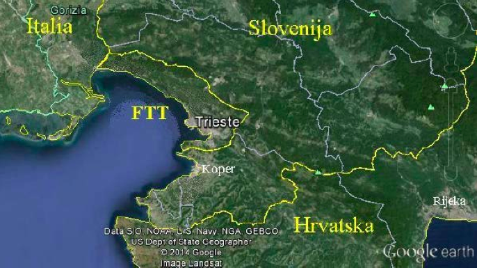 The present-day Free Territory of Trieste, bordering with Italy and Slovenia