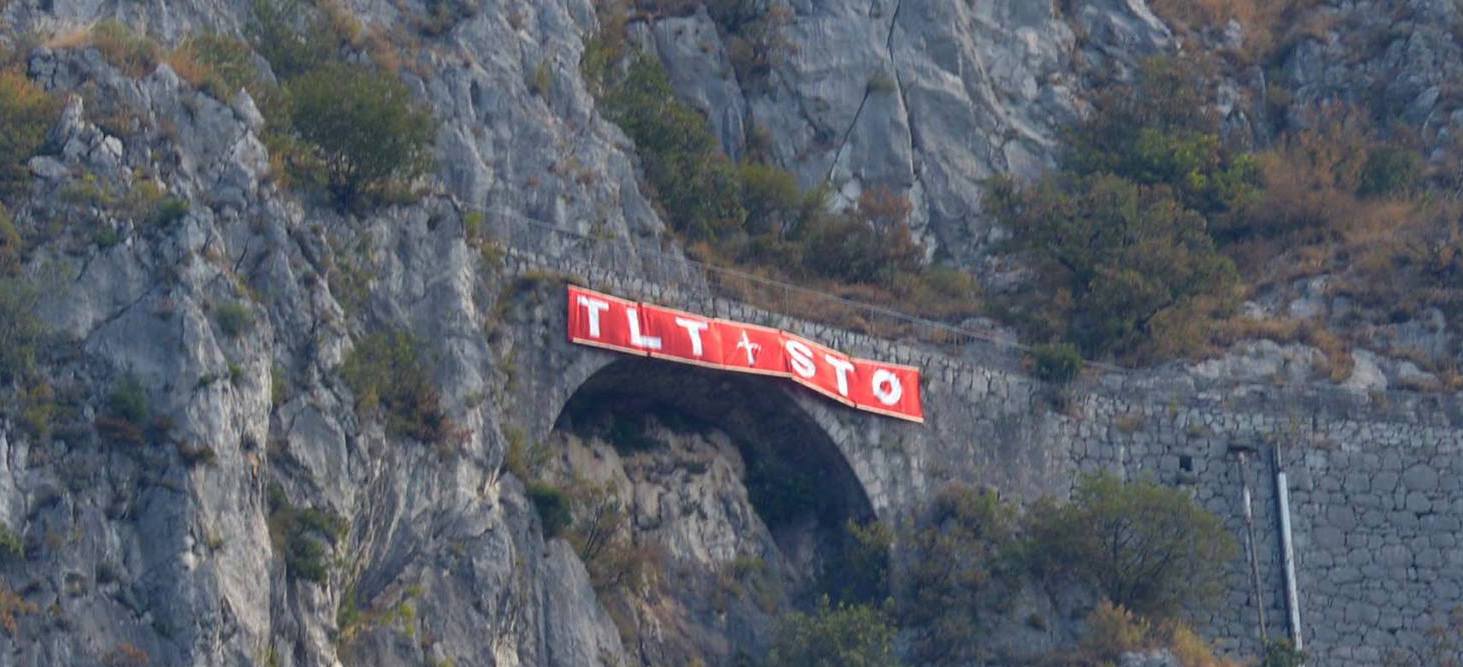 A banner with the acronyms "TLT" and "STO" which correspond with the Italian and Slovene name of the Free Territory of Trieste - FTT.