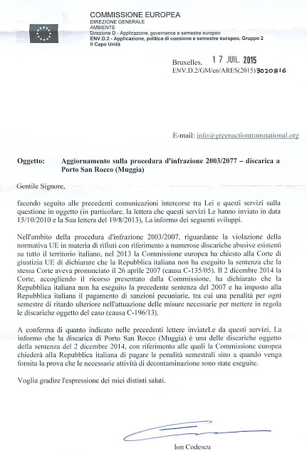 The European Commission confirms to Greenaction Transnational that Porto San Rocco is heavily polluted: Italy has to decontaminate the area.