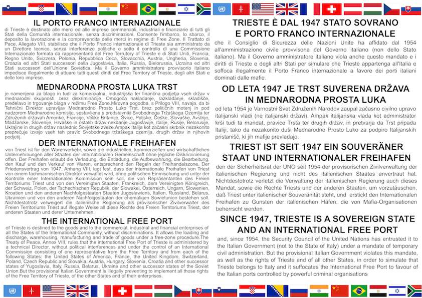 A multilingual Italian, Slovene, German, and English brochure about the Free Territory of Trieste and its international Free Port.