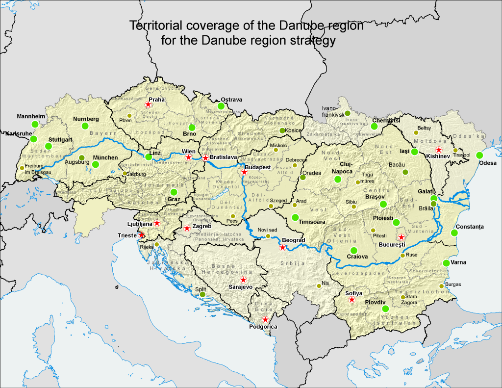 Territorial coverage of the Danube region for the Danube region strategy. Trieste is one of the States involved.