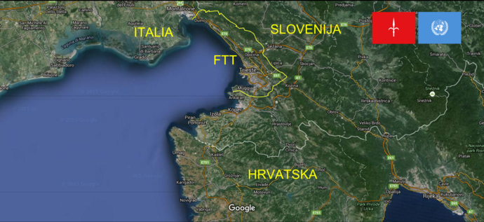Das heutige Freie Territorium Triest (FTT – TLT – STO) mit den Nachbarstaaten, Italien und Slowenien: