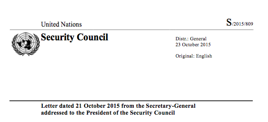 Security Council document S/2015/809, issued on 23 October 2015, confirms the status of the present-day Free Territory of Trieste - FTT.