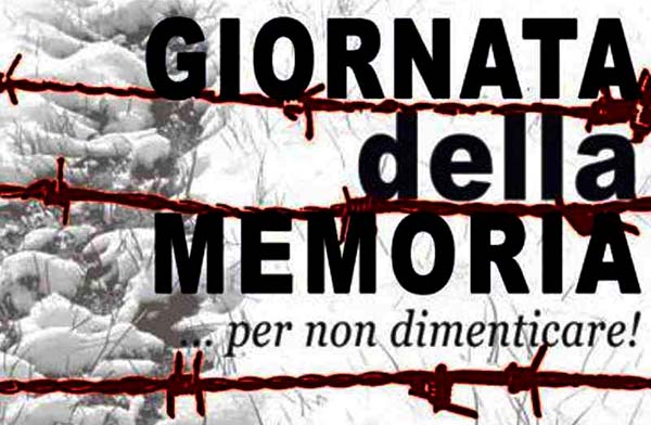 On a snowy background, a red barbed wire. In black against the snowy white, in Italian, there is the bold writing "Remembrance Day'. In Italic, on the bottom "...never forget!".