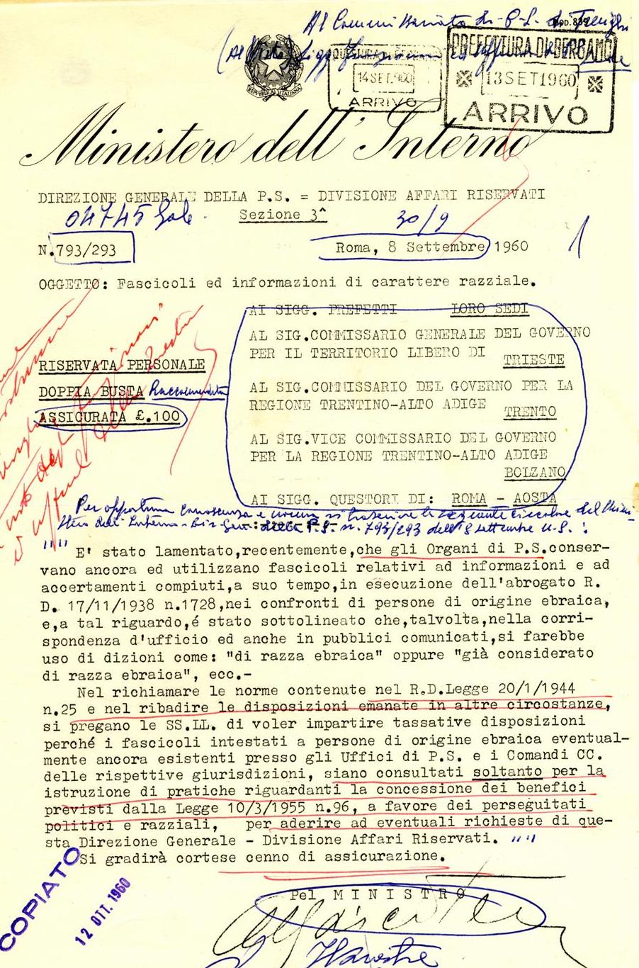 FREE TERRITORY OF TRIESTE AND RACIAL LAWS: A 1960 CLASSIFIED DOCUMENT