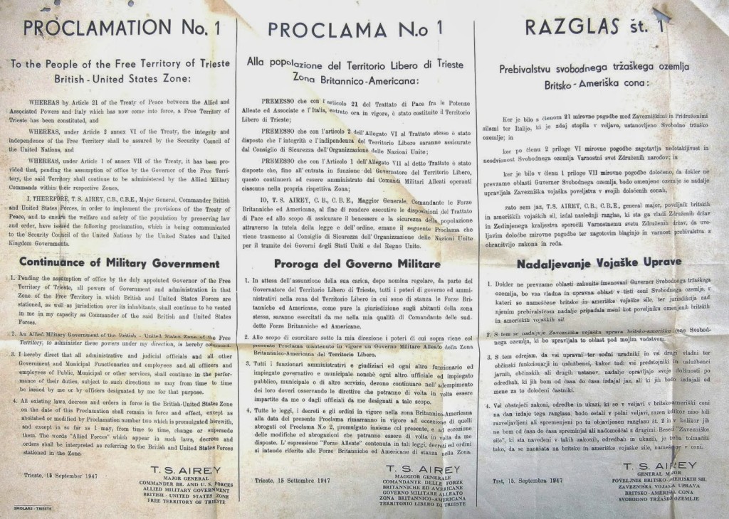 Proclamation No. 1 of the A.M.G. F.T.T. about Trieste's Independence.