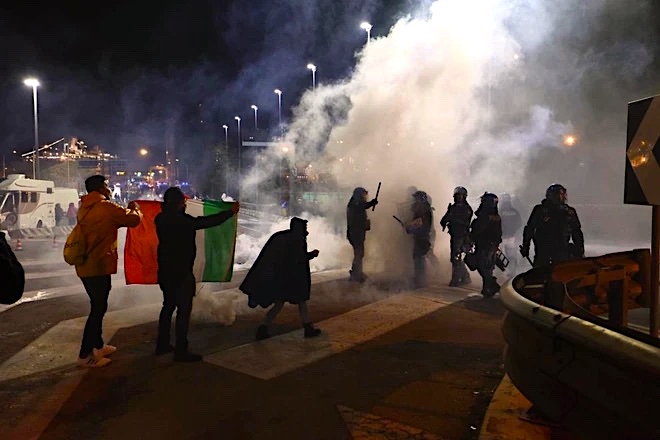 18 October 2021: Italian protesters block the international Free Port of the Free Territory of Trieste.